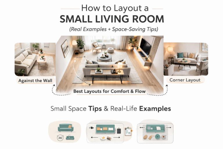 Infographic showing three small living room layouts: sofa against the wall, corner layout, and floating sofa, with examples and space-saving tips.