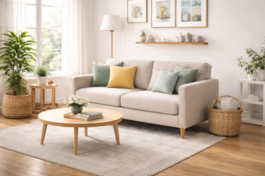 Small living room with a compact beige loveseat, round coffee table, and minimal decor in a bright apartment space