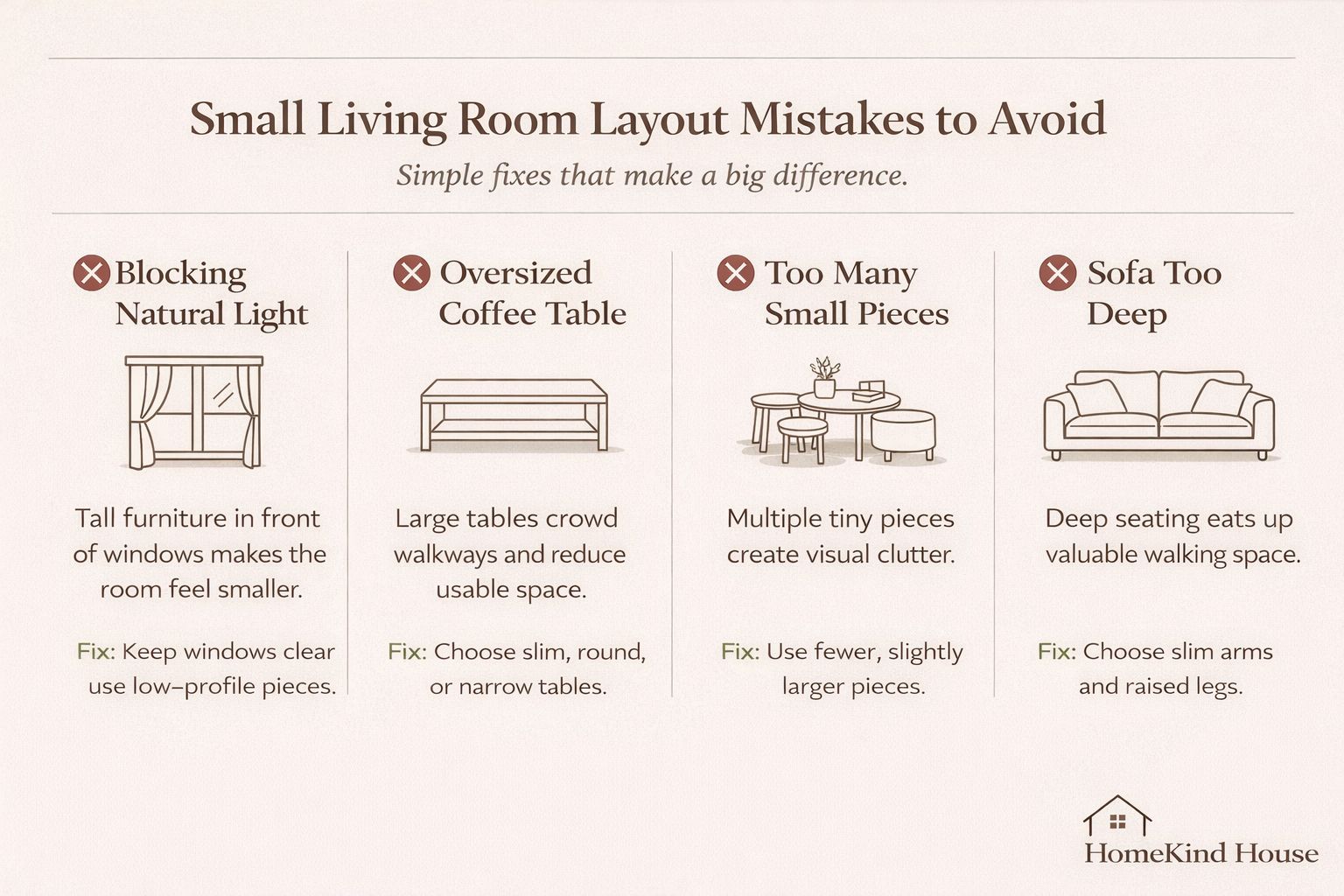Horizontal infographic listing common small living room layout mistakes including blocking natural light, oversized coffee tables, too many small pieces, and deep sofas.