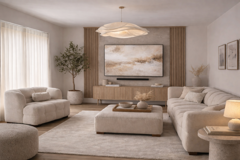 Modern neutral living room with minimalist interior design, beige sofas, wooden slat TV wall, abstract wall art, and soft ambient lighting
