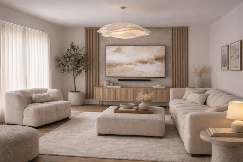 Modern neutral living room with minimalist interior design, beige sofas, wooden slat TV wall, abstract wall art, and soft ambient lighting