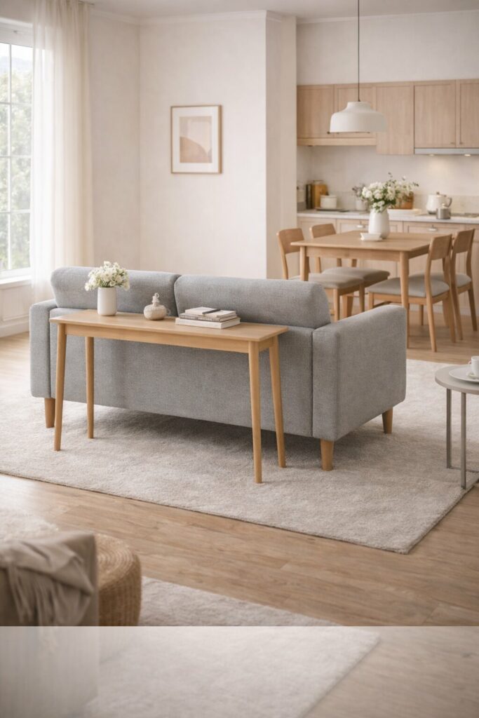 Small open-plan living room with a loveseat floating away from the wall and a slim console table behind it