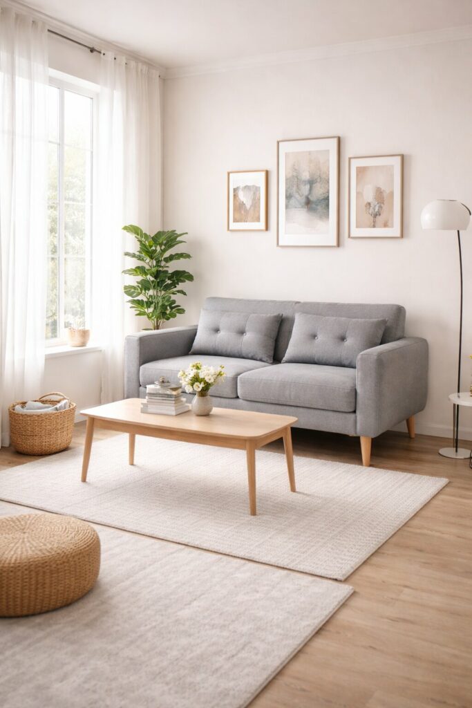 Small living room layout with a loveseat placed against the wall and a compact coffee table