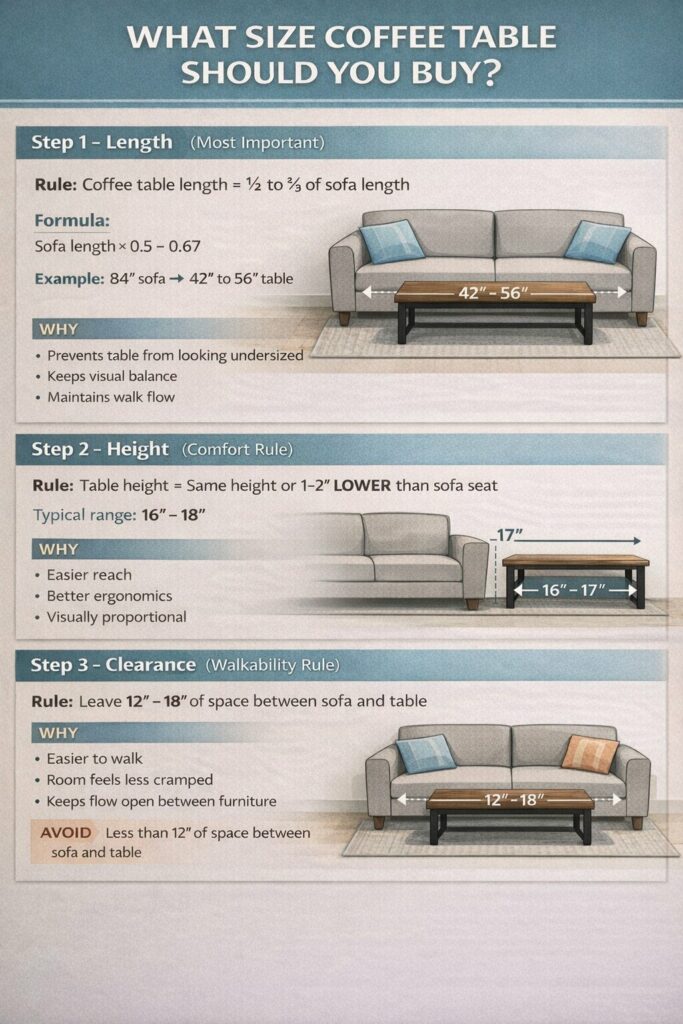 Coffee table size guide infographic showing correct length, height, and clearance measurements based on sofa dimensions.