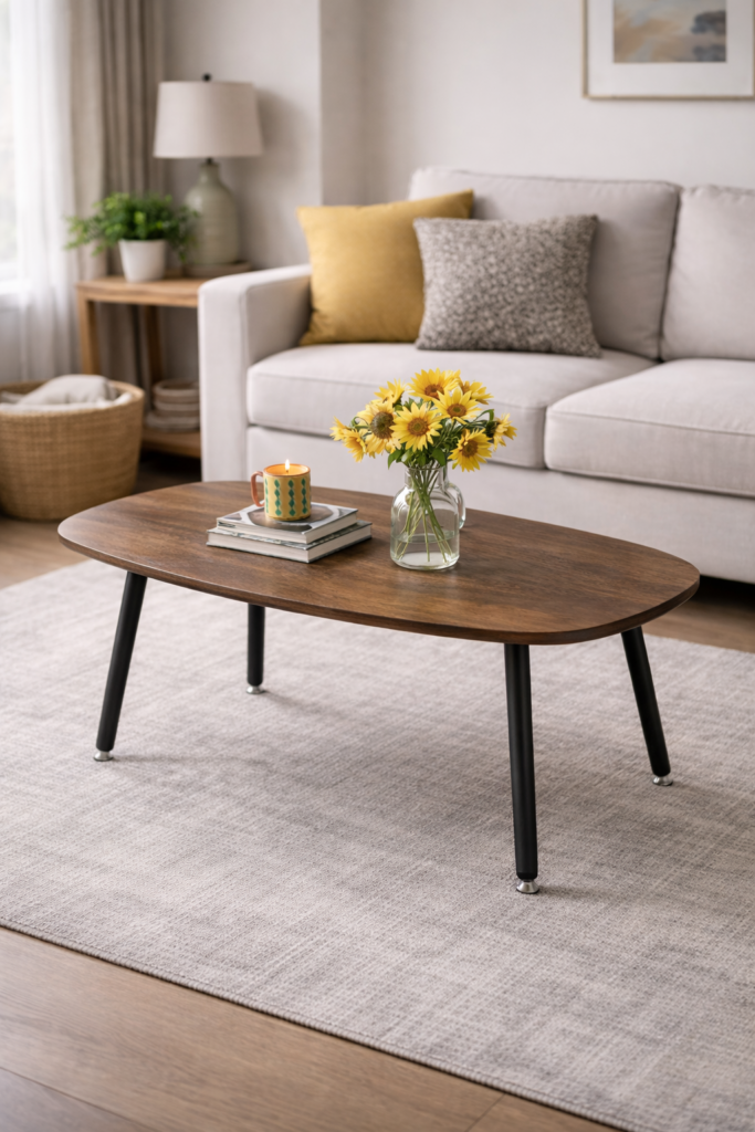 Modern oval wooden coffee table with black metal legs in neutral living room with beige sofa and sunflower decor
