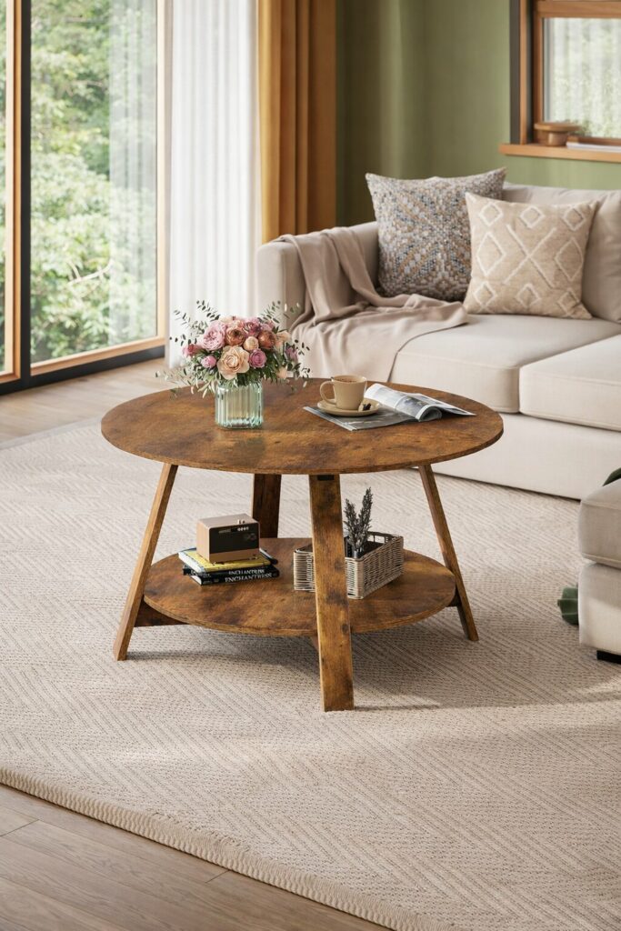 Small round wooden coffee table with lower shelf and sunflower decor in cozy neutral living room