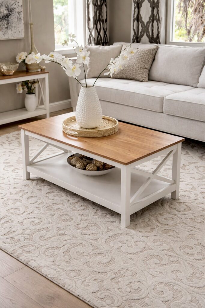 White farmhouse coffee table with natural wood top and lower shelf in bright living room with orchid vase