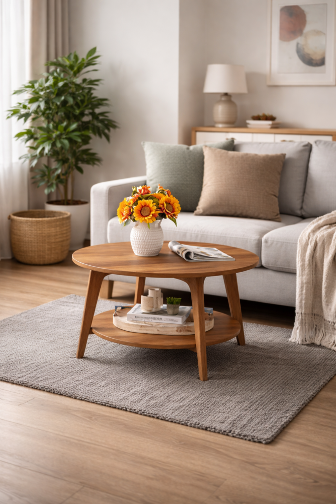 White farmhouse coffee table with natural wood top and lower shelf in bright living room with orchid vase